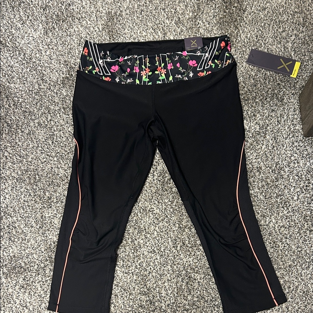 Xersion Black Leggings with Floral Waistband